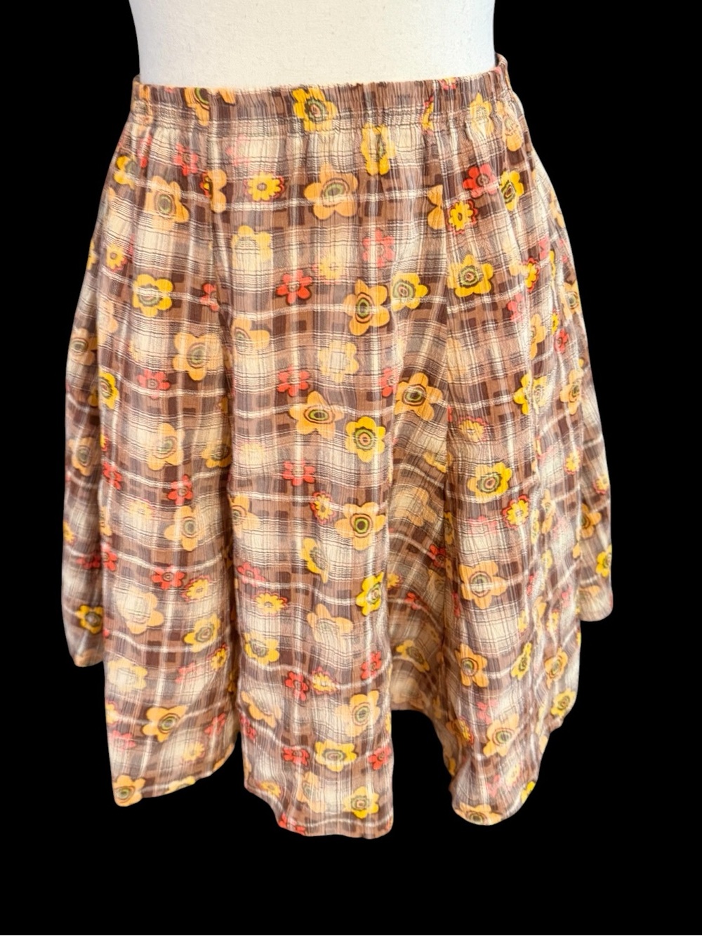 Salaam of Vermont Floral Plaid A-Line Skirt 70’s vibe stretch jersey knit